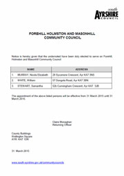Forehill, Holmston and Masonhill Community Council Election Formal Results